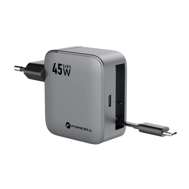 Зарядний пристрій Forcell F-Energy GaN USB C + кабель USB C PD QC4.0 3A 45W Grey (5903396390821)