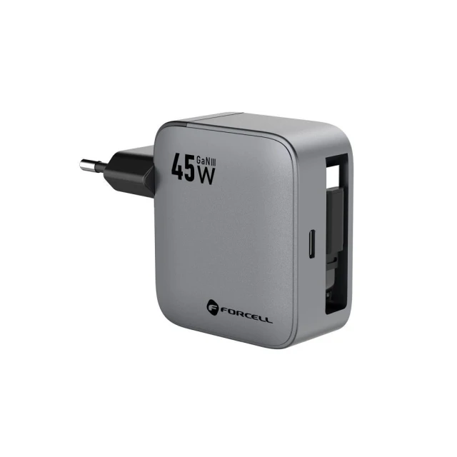 Зарядний пристрій Forcell F-Energy GaN USB C + кабель USB C PD QC4.0 3A 45W Grey (5903396390821)