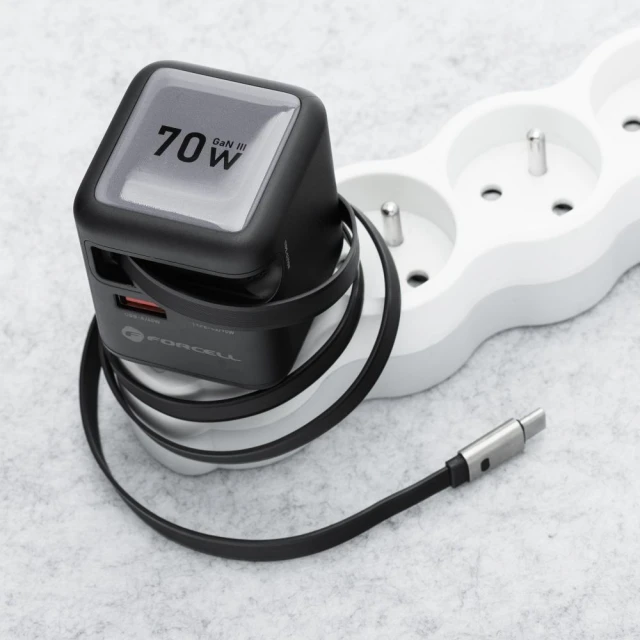 Зарядний пристрій Forcell F-Energy GaN USB C + USB A + кабель USB C PD QC4.0 3A 70W Grey (5903396390838)