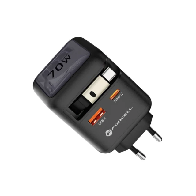 Зарядний пристрій Forcell F-Energy GaN USB C + USB A + кабель USB C PD QC4.0 3A 70W Grey (5903396390838)