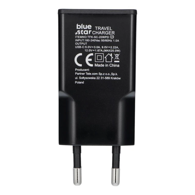 Мережевий зарядний пристрій Blue Star Slim GaN USB QC4.0 PD 3A 20W Black (5903396402197)