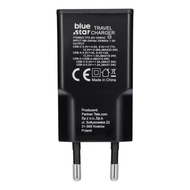 Мережевий зарядний пристрій Blue Star Slim GaN USB C + USB A QC4.0 PD 3A 25W Black (5903396402203)