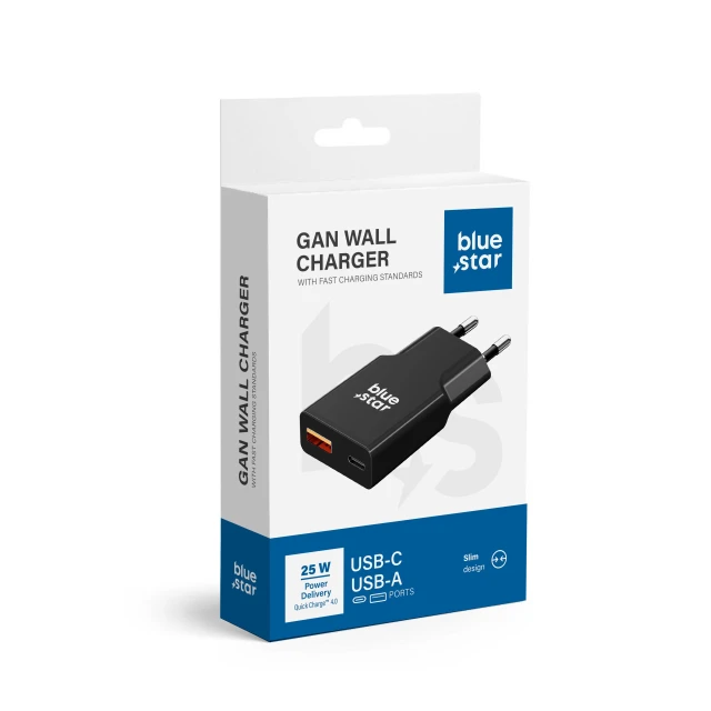 Мережевий зарядний пристрій Blue Star Slim GaN USB C + USB A QC4.0 PD 3A 25W Black (5903396402203)