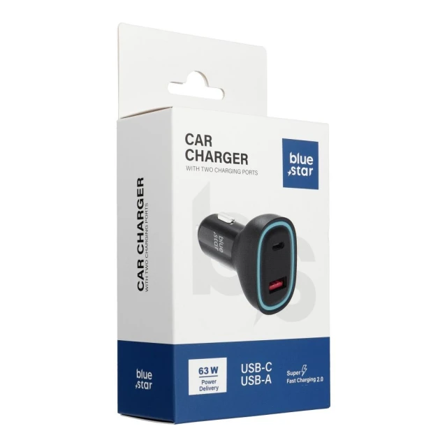 Автозарядка Blue Star USB-C + USB-A QC3.0 PD 63W Black (5903396422126)
