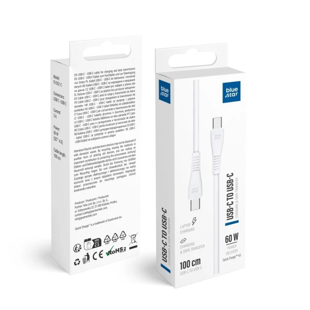 Кабель USB-C to USB-C Blue Star 3A 60W QC4.0 1 м White (5903396460166)