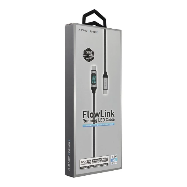 Кабель X-One FlowLink Running LED USB Type-C to Type-C 100W 1,2m Black (5903396467790)