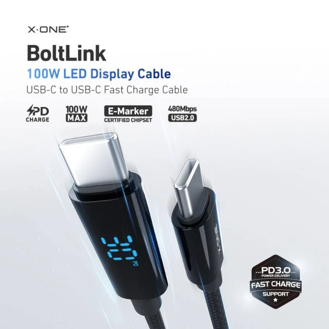 Кабель X-One BoltLink LED Display USB Type-C to Type-C 100W 1.5m Black (5903396469091)