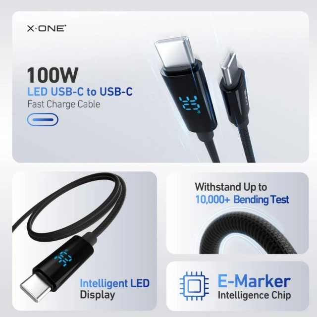 Кабель X-One BoltLink LED Display USB Type-C to Type-C 100W 1.5m Black (5903396469091)