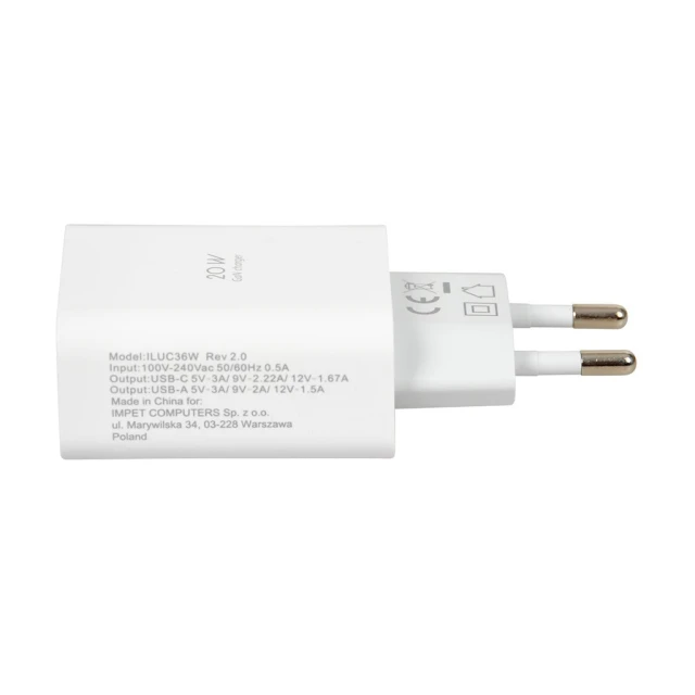 Мережевий зарядний пристрій iBOX C-36 PD 20 Вт USB-C USB-A (5903968680206)