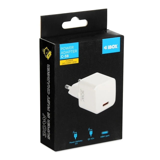 Мережевий зарядний пристрій iBOX C-38 1x USB-C PD 30 Вт (5903968680367)