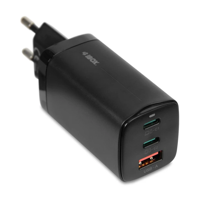 Мережевий зарядний пристрій iBOX C-65 ILUC65B GaN PD 65 Вт з кабелем Black (5903968680619)