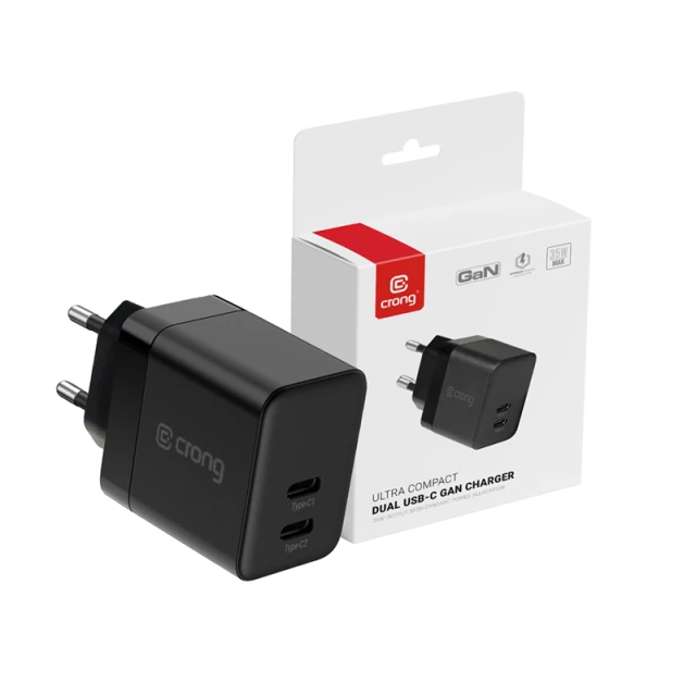 Зарядний пристрій Crong Ultra Compact GaN 2x USB-C 35W PD 3.0 Black (CRG-GNCC35-BLK)