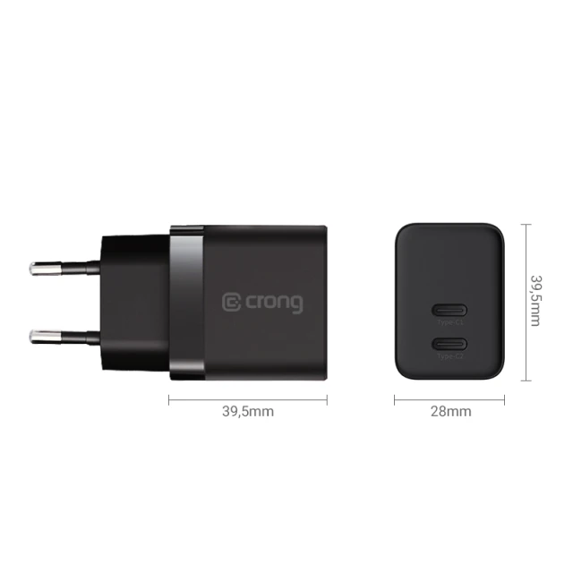 Зарядний пристрій Crong Ultra Compact GaN 2x USB-C 35W PD 3.0 Black (CRG-GNCC35-BLK)