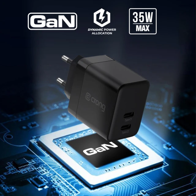 Зарядний пристрій Crong Ultra Compact GaN 2x USB-C 35W PD 3.0 Black (CRG-GNCC35-BLK)