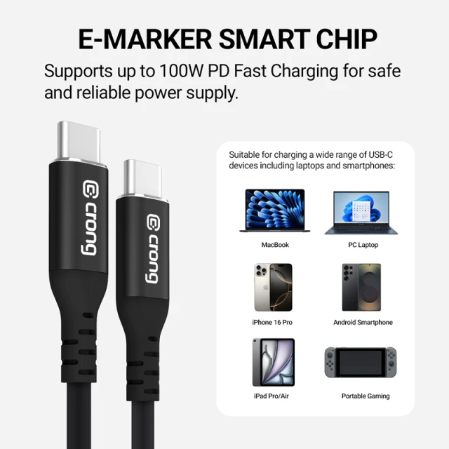 Кабель Crong Soft Link USB-C to USB-C 100W PD 5A 25cm Black (CRGSL025USCCBLK)
