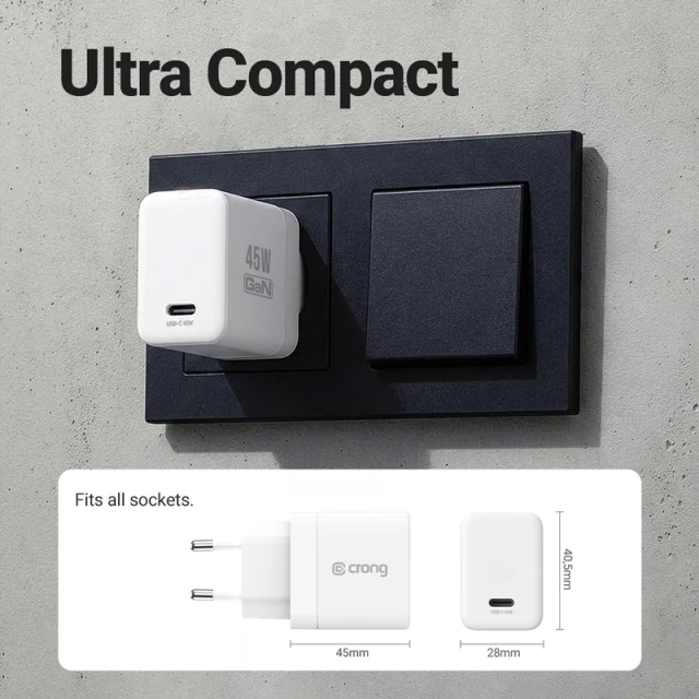 Зарядний пристрій Crong Ultra Compact GaN USB-C 45W PD 3.0 White (CRGGN1C45WHI)