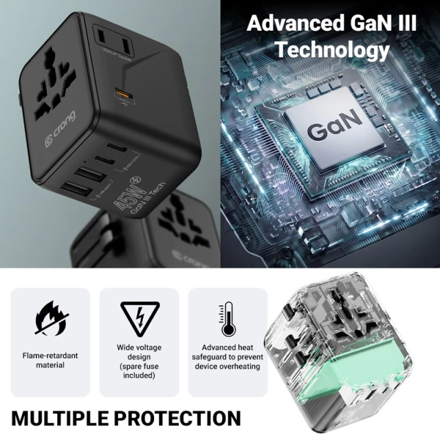 Універсальний мережевий адаптер Crong One World Travel Adapter 45W GaN Black (CRGTAGN45BLK)