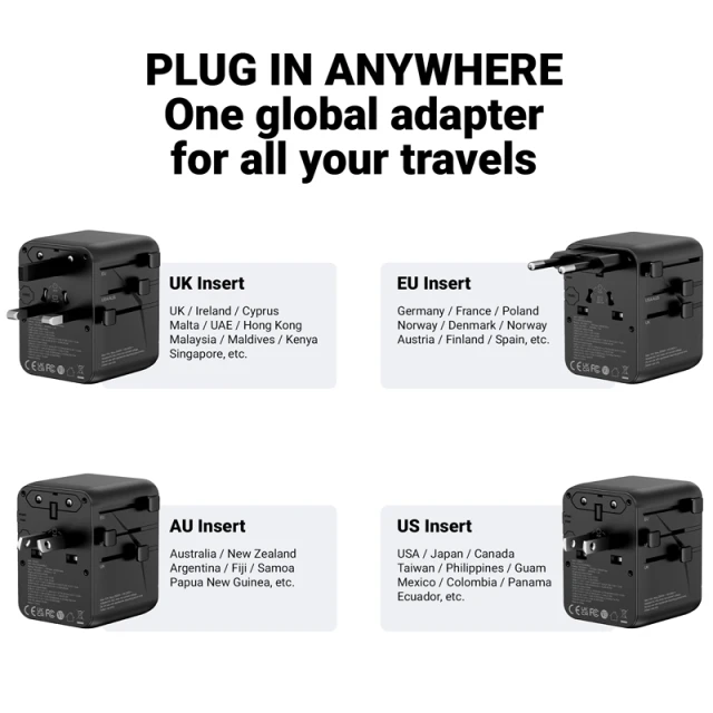 Універсальний мережевий адаптер Crong One World Travel Adapter 45W GaN Black (CRGTAGN45BLK)