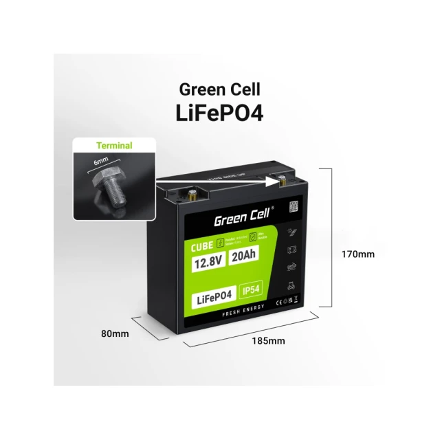Акумулятор Green Cell LiFePO4 Cube 12.8V 20Ah 256Wh (LFPGC12V20AH)