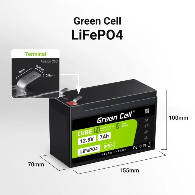 Акумулятор Green Cell LiFePO4 Cube 12.8V 7Ah 89.6Wh (LFPGC12V7AH)