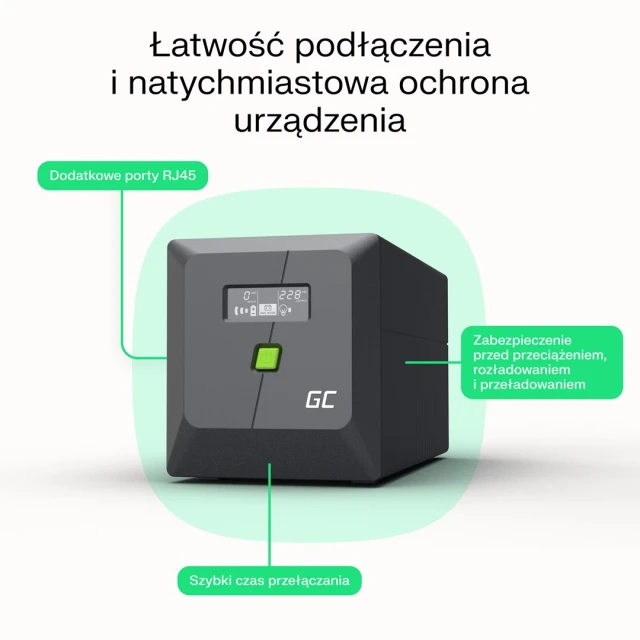 Джерело безперебійного живлення Green Cell Power Proof 750VA 480W чиста синусоїда (UPSLP480)