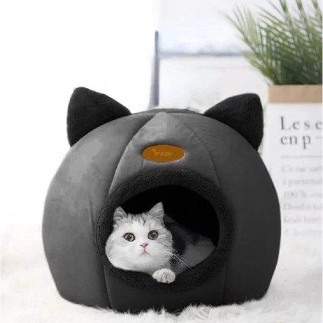 Домик для кошек Purlov плюшевый с ушками Black (5904665713266)