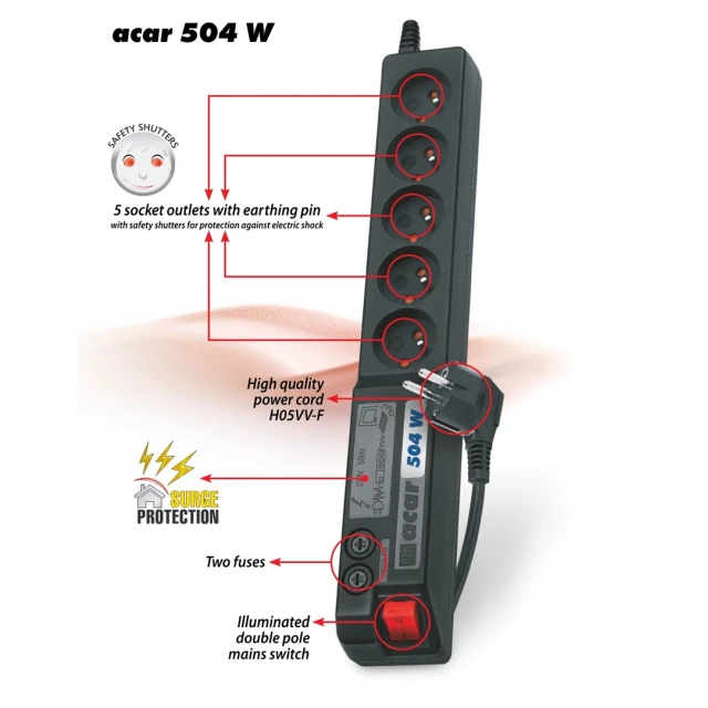 Мережевий фільтр Acar 504WF EMI/RFI 3 м Black (5904743005405)