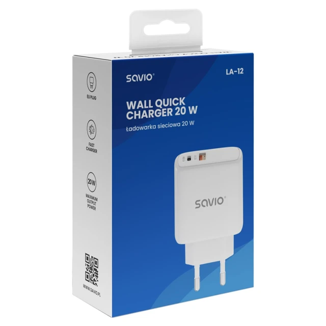 Мережевий зарядний пристрій Savio LA-12 20W Quick Charge Power Delivery 3.0 (5905106070221)