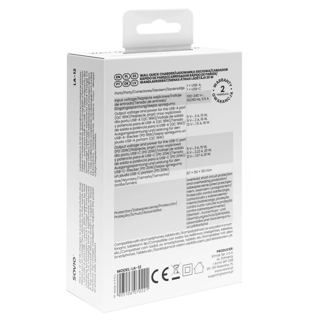 Мережевий зарядний пристрій Savio LA-12 20W Quick Charge Power Delivery 3.0 (5905106070221)