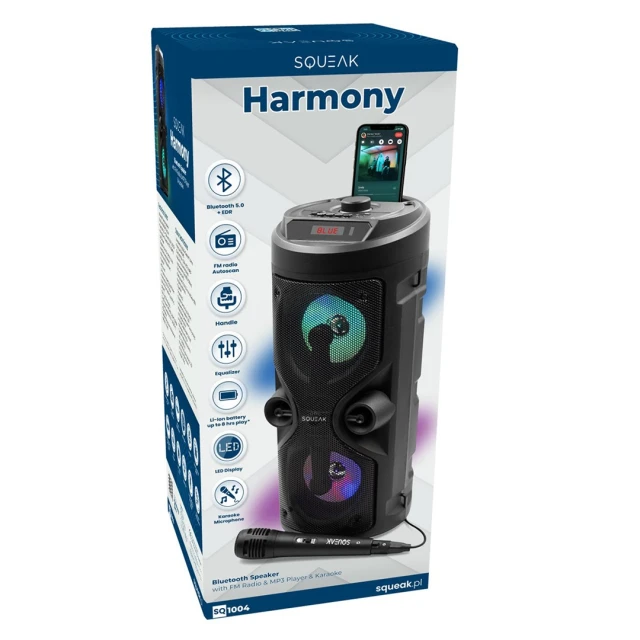 Портативна колонка Squeak Harmony SQ1004 караоке Bluetooth 5.0 FM Radio MicroSD AUX USB (5905610707040)
