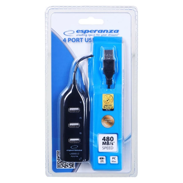 USB-хаб Esperanza EA116 4x USB 2.0 Black (5905784768601)