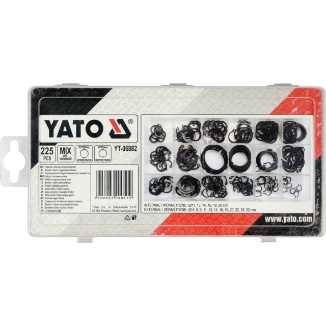 Кольца стопорные внешние и внутренние Yato 225 шт микс размеров (5906083000119)