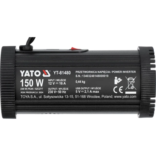 Автомобільний інвертор напруги Yato 12 В/230 В 150 Вт (5906083106057)