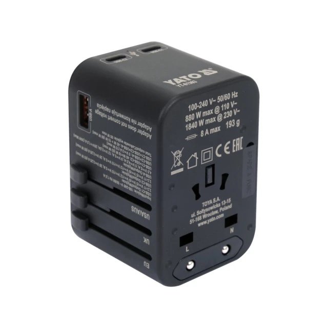 Адаптер дорожный для более Yato 150 стран USB-C PD 65 Вт (5906083107627)