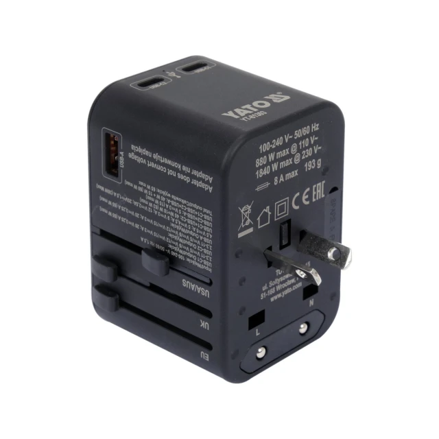 Адаптер дорожный для более Yato 150 стран USB-C PD 65 Вт (5906083107627)