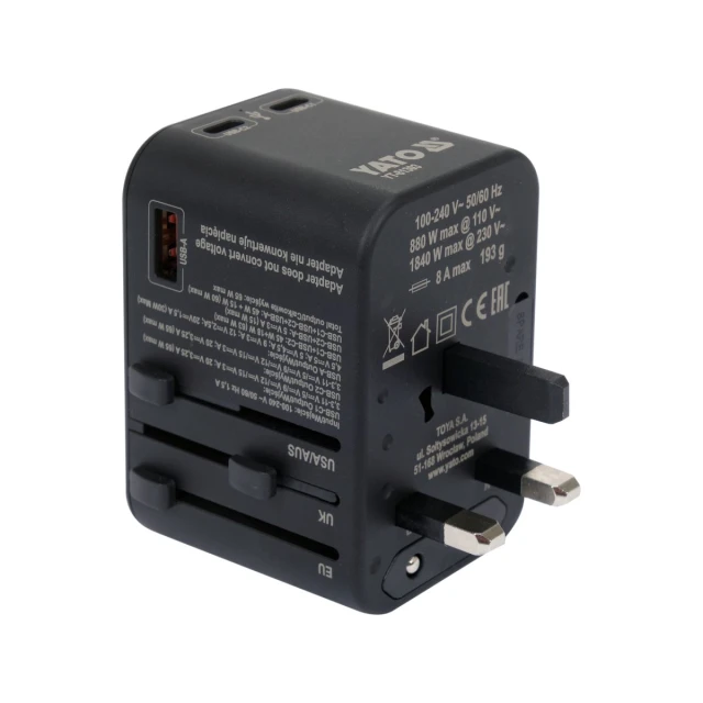Адаптер дорожный для более Yato 150 стран USB-C PD 65 Вт (5906083107627)