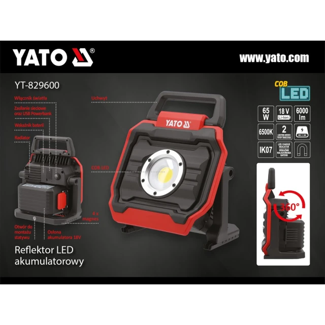 Світлодіодний прожектор Yato 18V 6000 lm 65W без акумулятора (5906083109294)