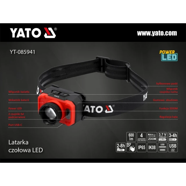Фонарь налобный Yato 600 лм аккумуляторный с датчиком движения (5906083112010)