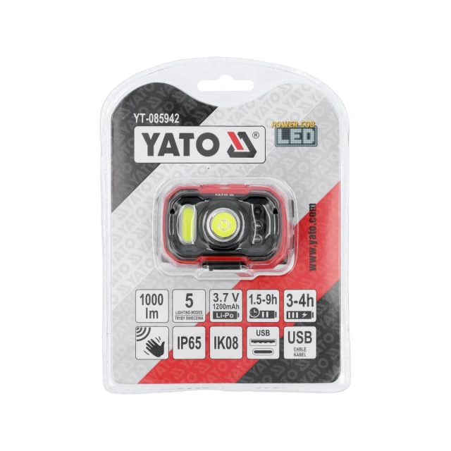 Ліхтарик налобний Yato 1000 lm акумуляторний датчик руху (5906083112027)