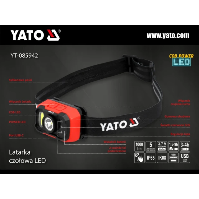 Ліхтарик налобний Yato 1000 lm акумуляторний датчик руху (5906083112027)