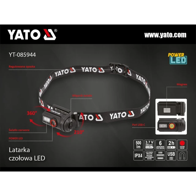 Ліхтарик налобний Yato 500 lm акумуляторний (5906083114250)