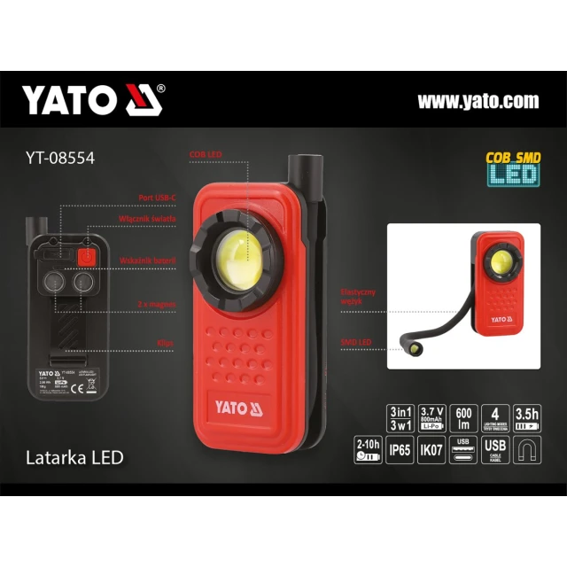 Ліхтар робочий Yato 600 лм 3 в 1 (5906083117138)