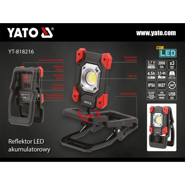 Прожектор Yato 20W LED 2000 lm портативний з затискачем (5906083117152)