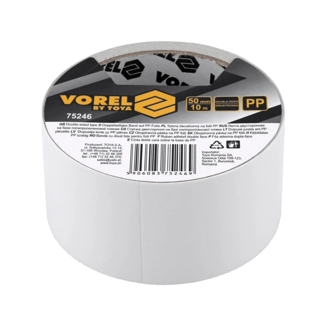 Стрічка двостороння на плівці Vorel PP 50 мм x 10 м (5906083752469)