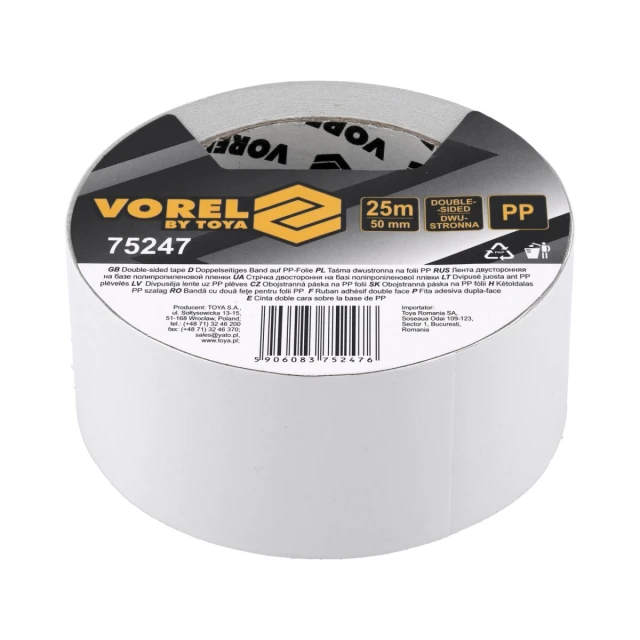 Стрічка двостороння на плівці Vorel PP 50 мм x 25 м (5906083752476)