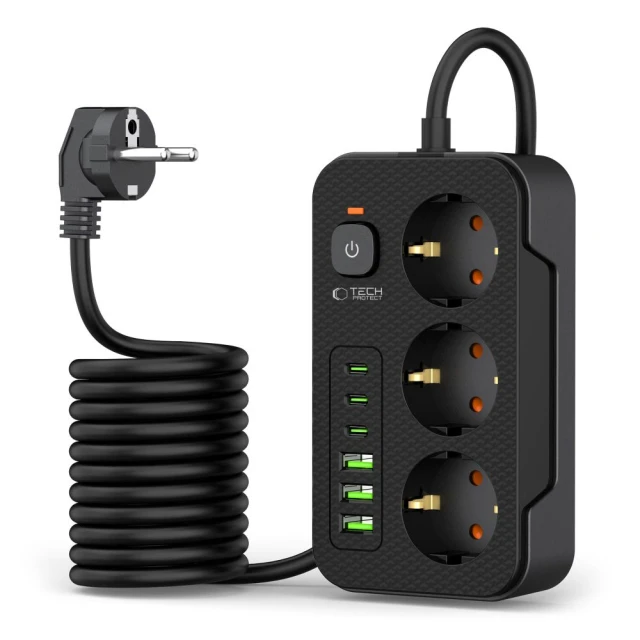 Сетевой удлинитель Tech-Protect PC3X6 3xUSB | 3xUSB-C | 3xSocket 2m Black (5906302310555)