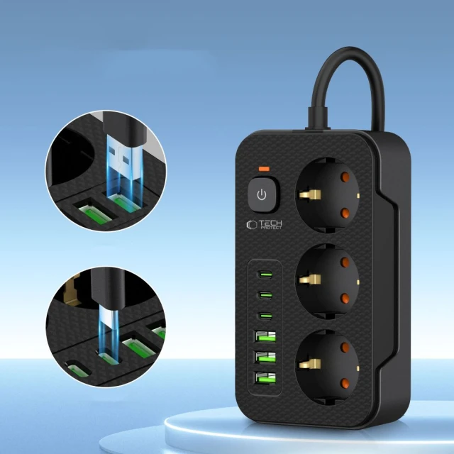 Сетевой удлинитель Tech-Protect PC3X6 3xUSB | 3xUSB-C | 3xSocket 2m Black (5906302310555)