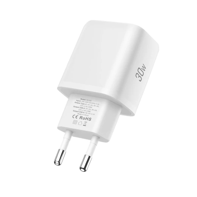 Мережевий зарядний пристрій Tech-Protect NCA30 QC/PD 30W USB-C | USB-A with USB-C to USB-C Cable White (5906302318629)