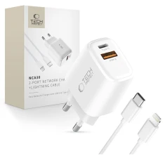 Мережевий зарядний пристрій Tech-Protect NCA30 QC/PD 30W USB-C | USB-A with USB-C to Lightning Cable White (5906302318735)