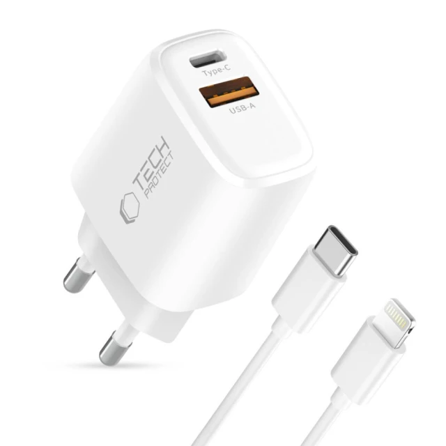 Сетевое зарядное устройство для Tech-Protect NCA30 QC/PD 30W USB-C | USB-A with USB-C to Lightning Cable White (5906302318735)